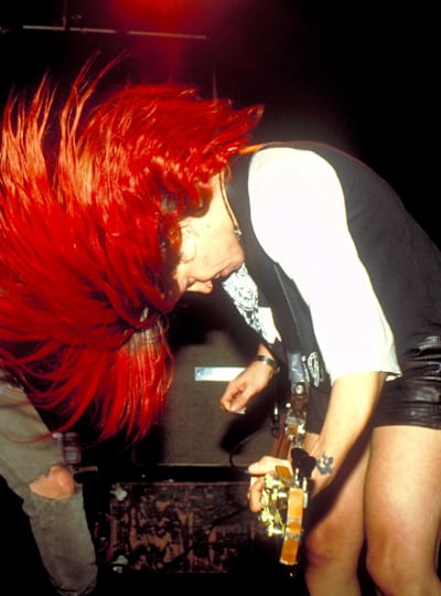 A photo of Donita Sparks's Riot Grrrl punk rockers L7 playing live  at New York venue the Marquee in 1992.