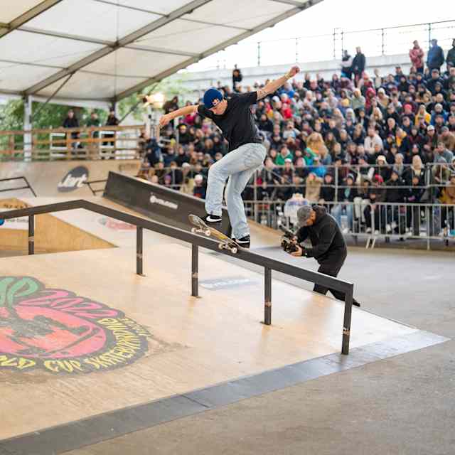 Maxim Habanec lands a stylish frontside bluntslide at Red Bull Drop In Tour, Prague, Czech Republic, thrilling the crowd at this high-energy skateboarding event in 2022