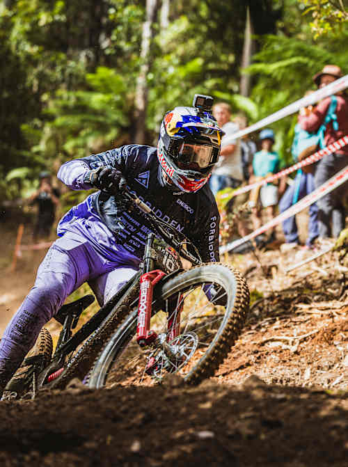Jackson Goldstone in action at Red Bull Hardline in Maydena Bike Park, Australia on February 21, 2024
