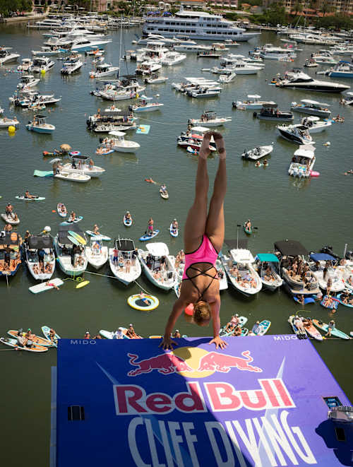Madeleine Bayon of France dives from a 21m platform during the final competition day of the second stop of the Red Bull Cliff Diving World Series in Florida, USA on June 6, 2026