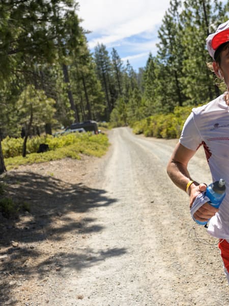 Ryan Sandes races during the Western States 100-mile race, Sierra Nevada Mountains, USA on June 29, 2019.