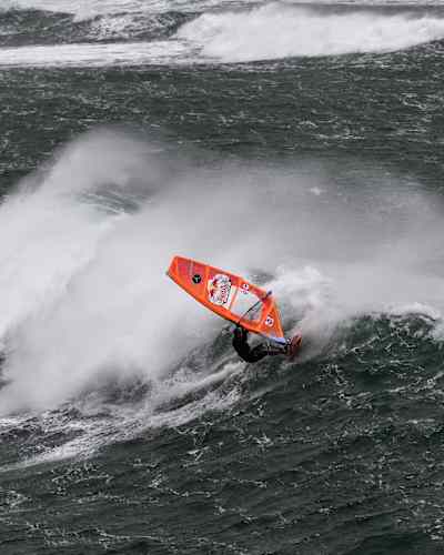 Windsurfer Robby Swift of Great Britain competes at Red Bull Storm Chase in Magheroarty, Ireland on March 12, 2019