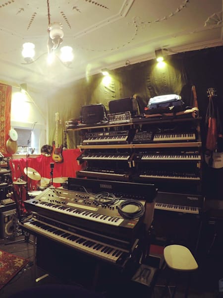 A photo of synths and music equipment in a room at Melbourne house-share-cum-recording-space, The Grove.
