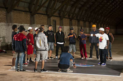 B-Boy Pelezinho teaches competitors at the Red Bull Under My Wing with Pelezinho break dance workshop in Sao Jose do Rio Preto, Brazil on April 21st, 2012