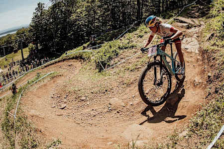 Emilly Batty rides at Mont-Sainte-Anne. 
