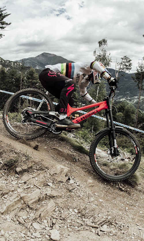 Finn Iles performs at UCI DH World Cup in Vallnord, Andorra on July 1st, 2017.