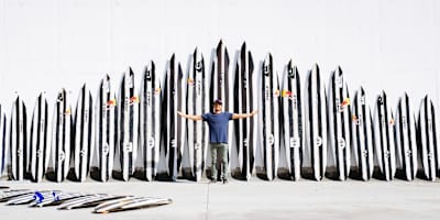 Basque surfer Natxo González stands with his surfboards at the Pukas factory in San Sebastián.