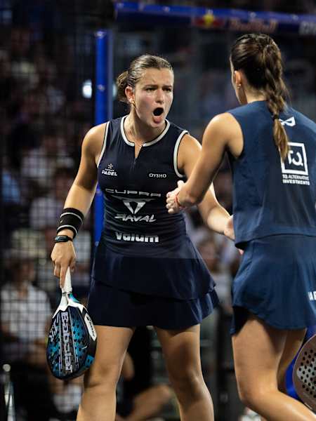 Claudia Fernández and Martina Calvo in action during the 2026 London Premier Padel P1 final match held at the Olympia in London in August 2026. 