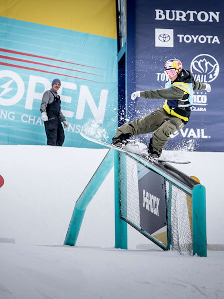 Judd Henkes slides the first rail feature at the Burton US Open in Vail, Colorado, USA on February 26, 2019.