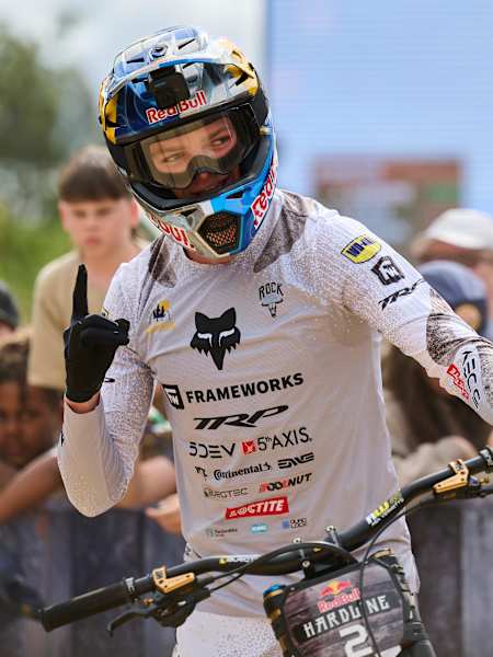 Asa Vermette reacts during seeding at Red Bull Hardline in Maydena Bike Park, Australia on February 7, 2026. 