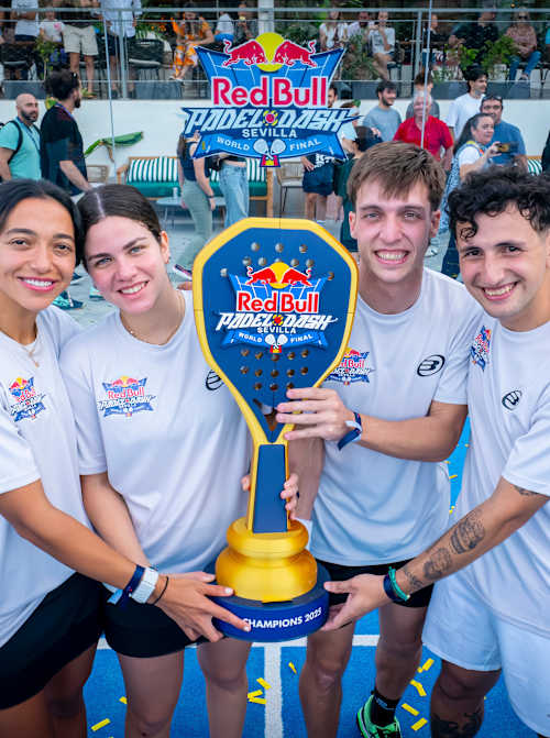 Victorious team celebrates with the champions trophy at the Red Bull Padel Dash World Final 2025 in Sevilla, capping off an action-packed season in brilliant style