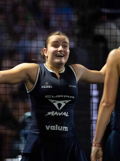 Martina Calvo and Claudia Fernandez celebrate after winning the 2026 London Premier Padel P1 final match at the Olympia in London.