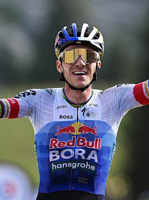 Remco Evenepoel of Red Bull - BORA - hansgrohe celebrates a stage win at the 113th Tour de France. 