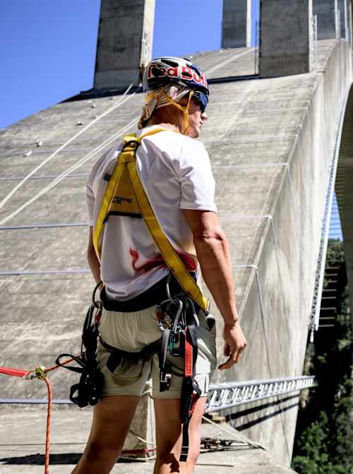 Obstacle course racer Thomas van Tonder views the monkey bars beneath the Bloukrans Bridge arch, from the steep climb to the swing and the brake.
