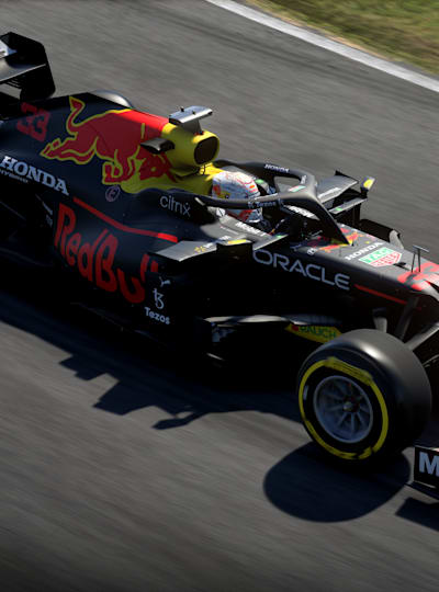 Screenshot of a Red Bull car racing in F1 2021