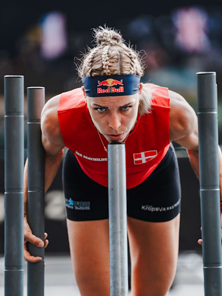 Fitness trailblazer Ida Mathilde Steensgaard from Denmark pushing a sled at the Hyrox World Championships in Nice, France.