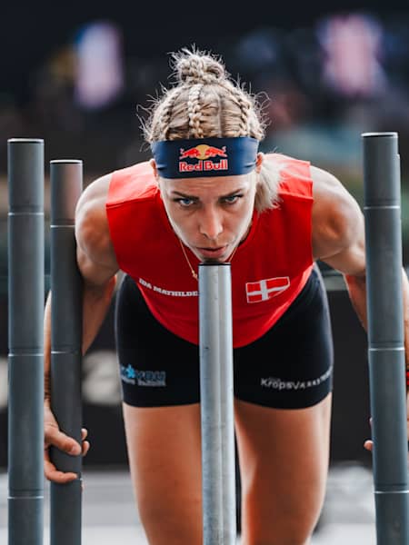 Fitness trailblazer Ida Mathilde Steensgaard from Denmark pushing a sled at the Hyrox World Championships in Nice, France.