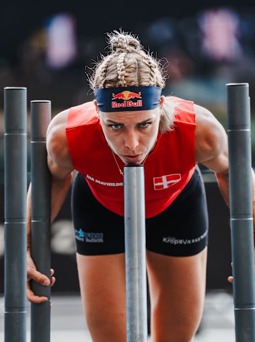 Fitness trailblazer Ida Mathilde Steensgaard from Denmark pushing a sled at the Hyrox World Championships in Nice, France.