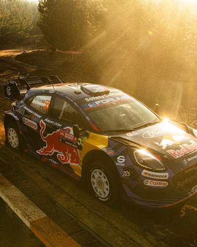 Josh McErlean and Eoin Treacy pilot the M-Sport Ford World Rally Team car at Stop 11 of World Rally Championship 2025 in Concepcion, Chile, pushing through dusty sunset terrain