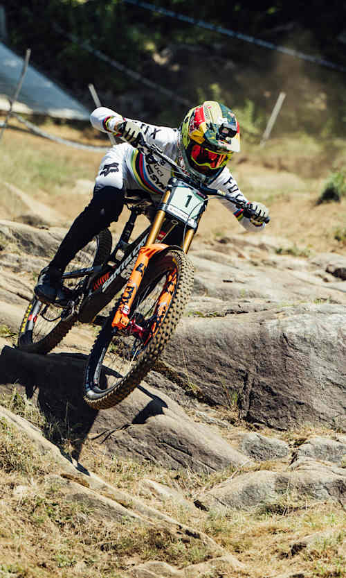 Jackson Goldstone performs at UCI DH World Cup in Mont Sainte Anne, Canada on August 6, 2022
