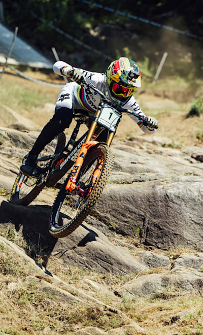 Jackson Goldstone performs at UCI DH World Cup in Mont Sainte Anne, Canada on August 6, 2022