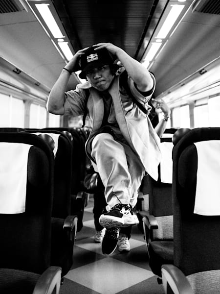 Issei in the train for Hakodate during the Red Bull Dance Tour in Japan on June 26, 2019.