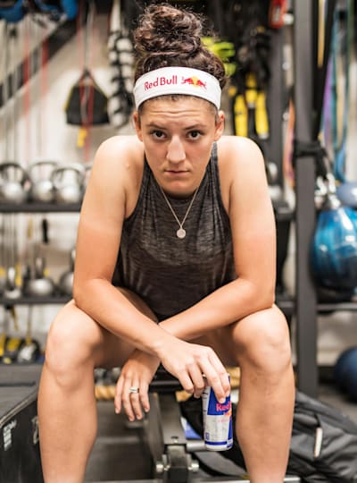 A picture of professional racing cyclist Chloé Dygert during a training session at the gym.