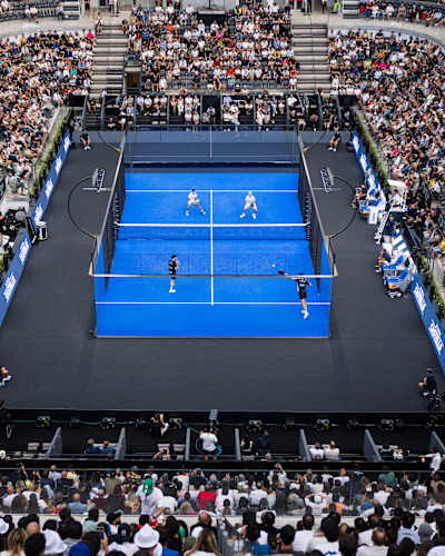 Arturo Coello of Spain and Agustin Tapia of Argentina compete against Federico Chingotto of Argentina and Alejandro Galán of Spain during the BNL Italy Major Premier Padel in Rome, Italy in 2024