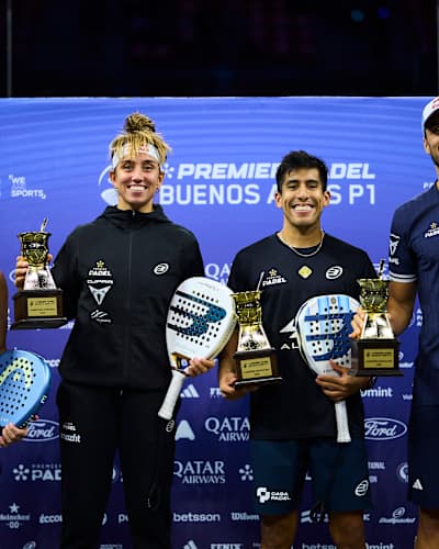 Paula Josemaria, Bea Gonzalez, Fede Chingotto and Alejandro Galan pose with their winner trophies after the Premier Padel P1 Buenos Aires in Argentina in May 2026.