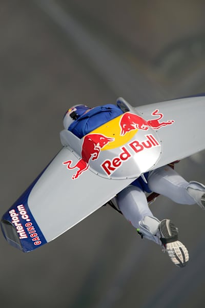 Felix Baumgartner approaches Calais in his flying suit.