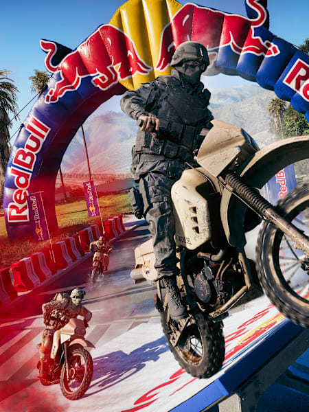 Battlefield 6 REDSEC Sezon 2 görselinde Red Bull Supermoto LTM sahnede. Arazi motosikletleri, Red Bull rampasından uçuşa geçiyor.