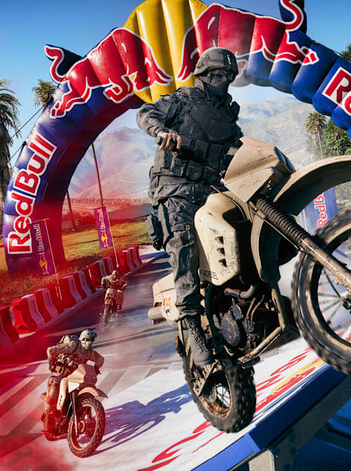 Artwork aus Battlefield 6 REDSEC Season 2 zeigt das Red Bull Supermoto-LTM-Event. Ein Rennen, bei dem mehrere Fahrer mit Dirt Bikes über eine Sprungschanze durch den Red Bull Arch springen.