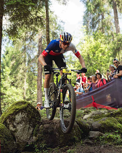 Martin Vidaurre competes at the UCI XCO Mountain Bike World Cup 2024 event in Val di Sole, Italy