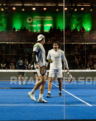 Pablo Cardona competes in the intense semi-finals at Riyadh Premier Padel P1 2025 in Saudi Arabia, with a vibrant crowd energising the action