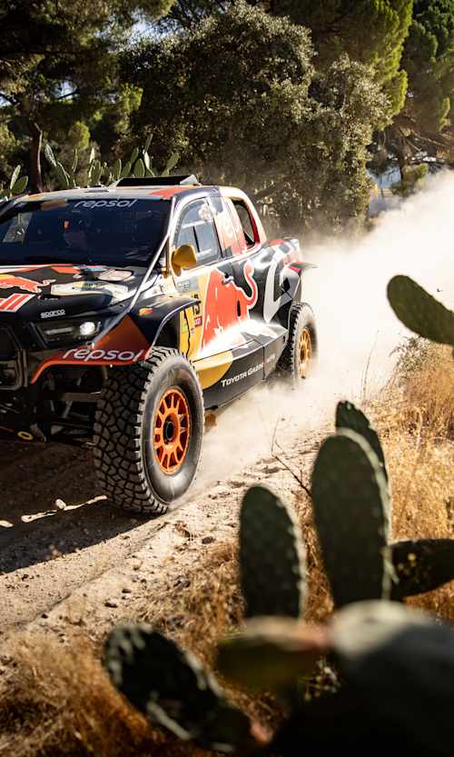On September 25, 2025, Lucas Moraes charges through SS2 in Spain at Rally Raid BP Portugal in his Red Bull-liveried Toyota, kicking up dust in a thrilling display of rally action.