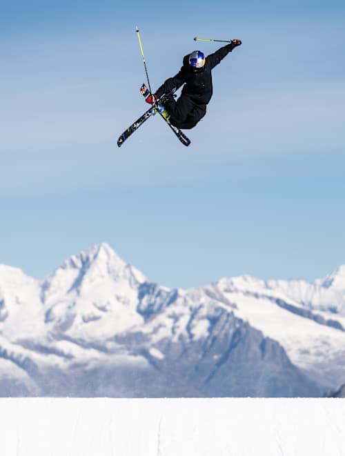 Mathilde Gremaud airtime during the Red Bull Performance camp in Saas-Fee, Switzerland on September 29, 2024.   