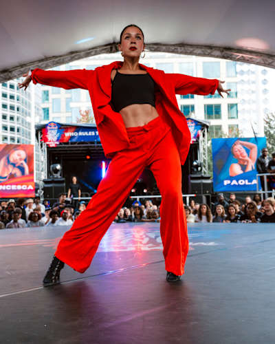 Paola performs a striking routine at the Red Bull Dance Your Style 2025 final in Centenary Square, Birmingham, UK, energising the crowd with bold moves and electrifying style