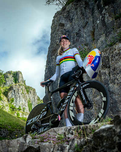 Zoe Bäckstedt poses with her Canyon bike among the dramatic cliffs of Cheddar Gorge in the United Kingdom. 