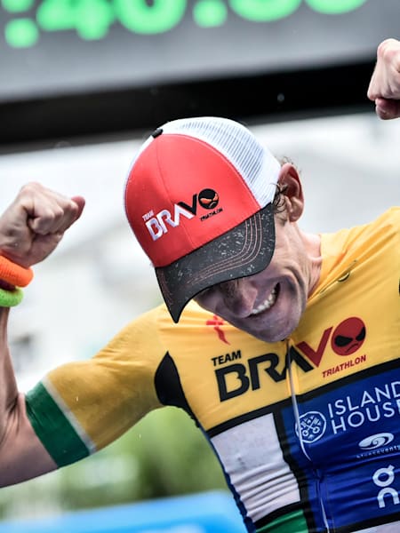 Tim Don celebrating breaking the IRONMAN World Record, Brazil 2017