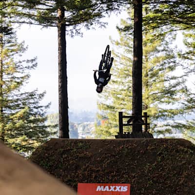 Robin Goomes performs during the Maxxis Slopestyle Crankworx in Rotorua, New Zealand, on March 24, 2024.