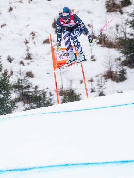 American skier Lindsey Vonn in action at the FIS Ski Alpine World Cup in Tarivsio, Italy. 