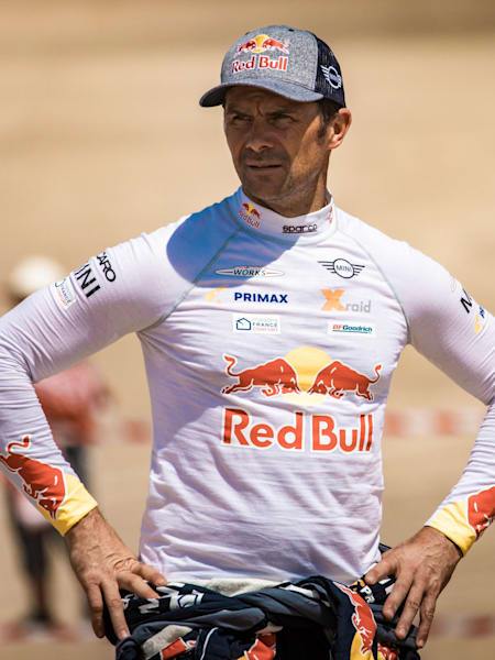 A photo of French driver Cyril Despres at the finish line of Rally Dakar 2019 in Lima, Peru.