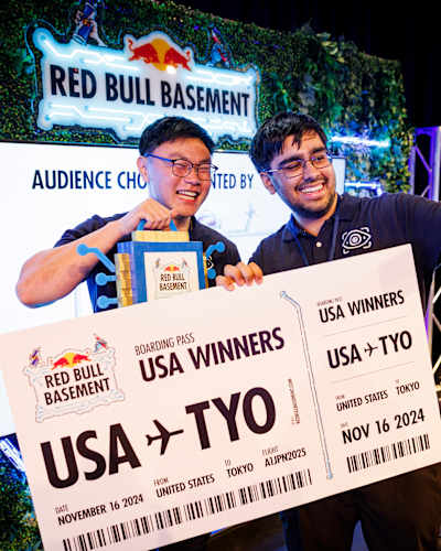 Argus founders Arjun Oberoi and Daniel Kim react after winning the Red Bull Basement National Final at The MIT Media Lab in Cambridge, Massachusetts, USA on November 16th, 2024. 