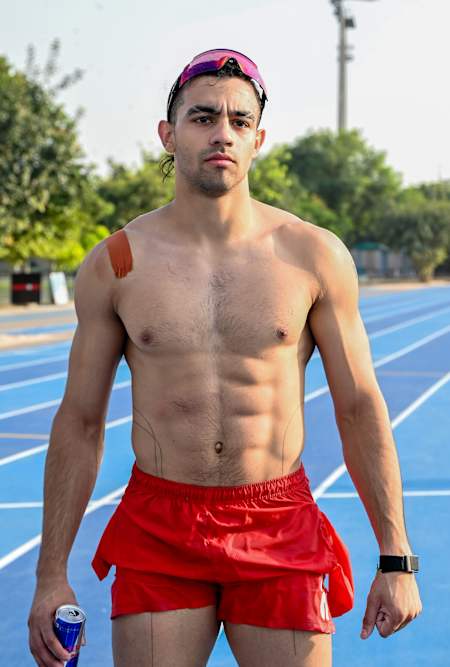 Mann Sharma during his burpee broad jump marathon attempt in Delhi, India on October 14, 2025. 