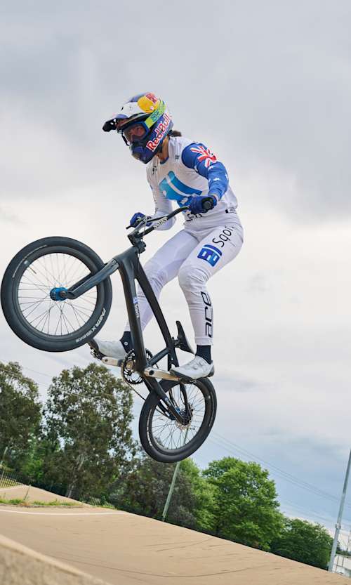 In 2024, Saya Sakakibara BMX training at Macarthur BMX Track in Camden, Australia, showcasing Red Bull's extreme sports prowess