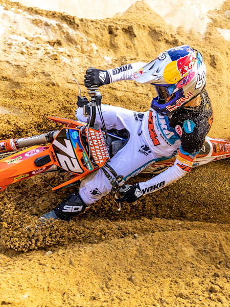 Liam Everts rides a motocross bike on track during training in Gistoux, Belgium on March 20, 2021