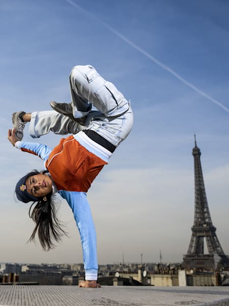 B-Girl Swami from Mexico poses for a portrait on a rooftop of Paris, France on February 9, 2023.