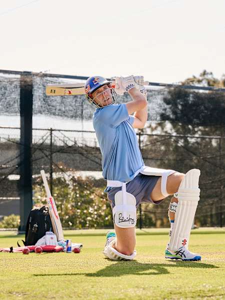 Australian cricket star Cameron Green in action at Cricket Central, Sydney, during a Red Bull-backed training session on August 20, 2024, highlighting dynamic sporting energy