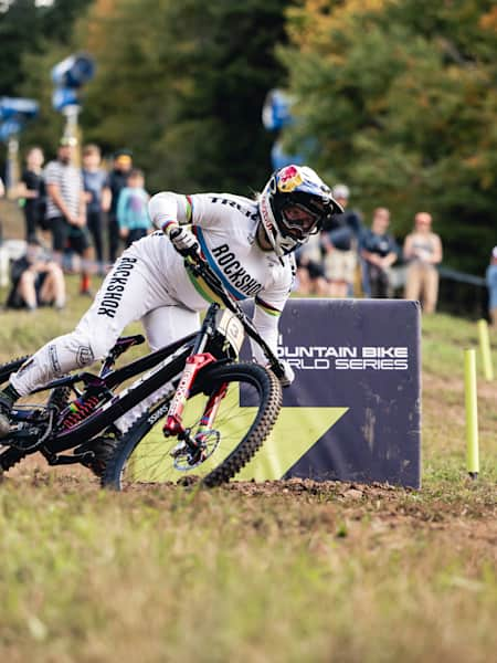 Austrian cyclist Valentina Höll performs during the UCI DH World Cup in Snowshoe, USA on September 30, 2023.