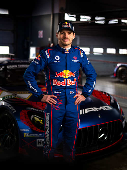 Max Verstappen stands beside the Mercedes-AMG GT3 car at the Nürburgring in Germany on 31 March 2026.